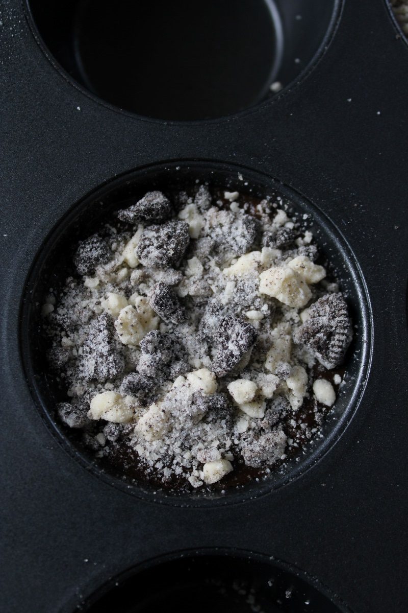 Chocolate Oreo muffins with cookies and cream crumble in muffin pan