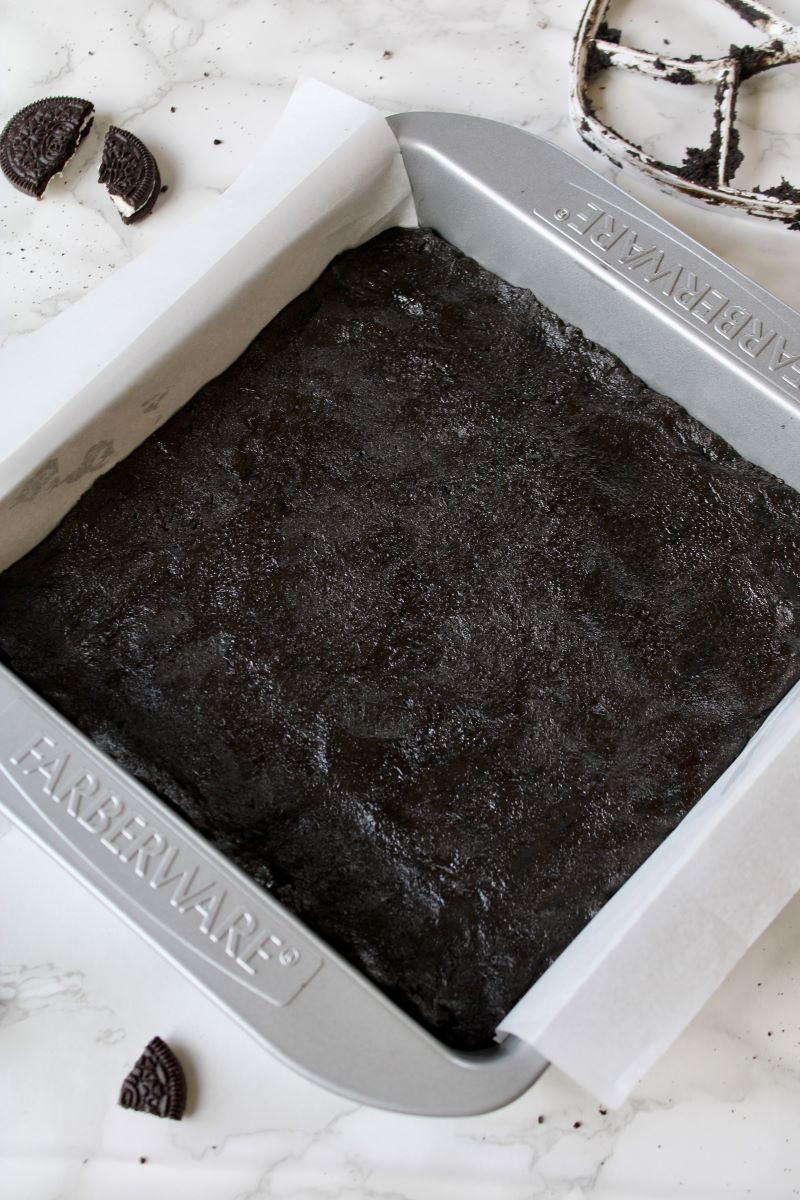 Oreo cookie dough in 9x9 pan