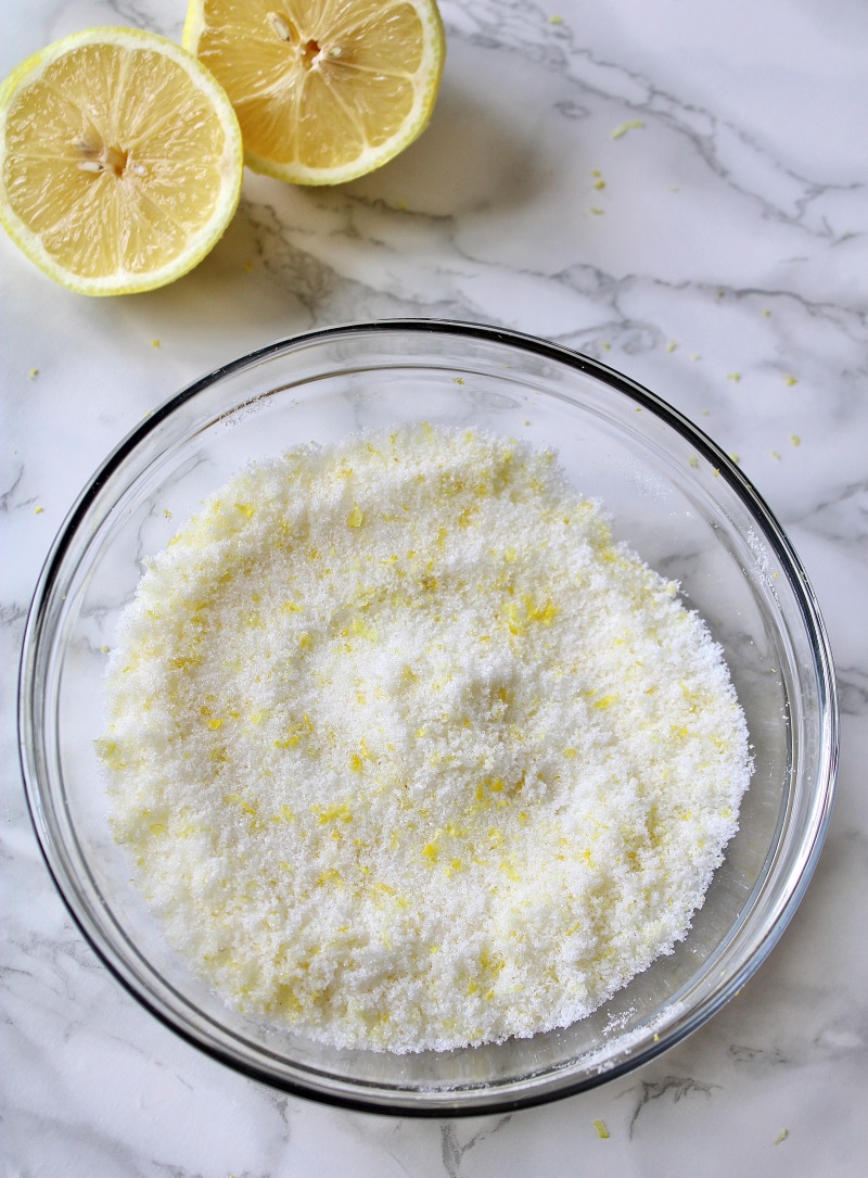 Lemon zest and sugar in a bowl