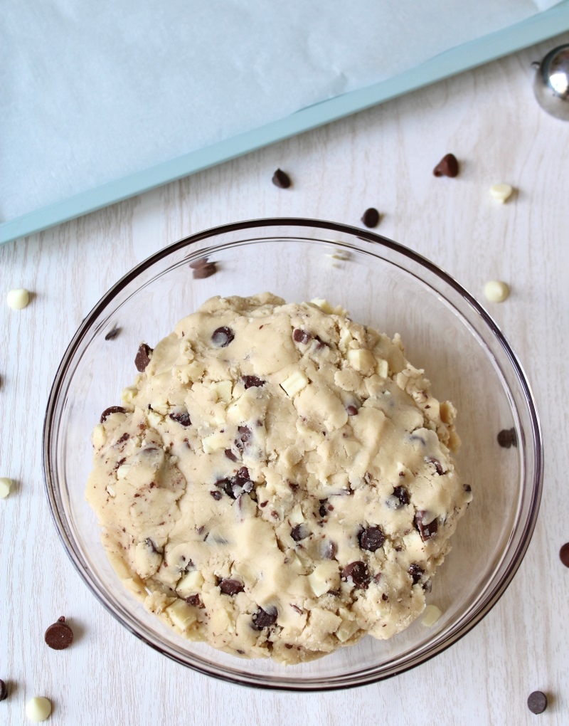 Triple chocolate shortbread cookie dough in bowl