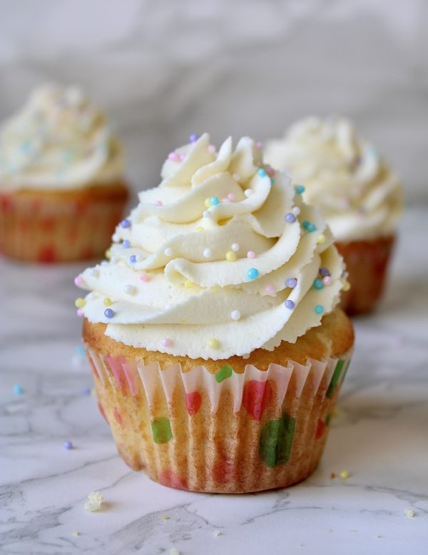 Vanilla cupcake with stabilized whipped cream frosting